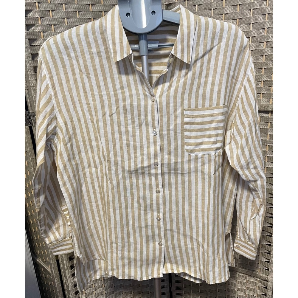 J. Jill Love Linen Striped Button Down Shirt Tan White Long Sleeve Size M
